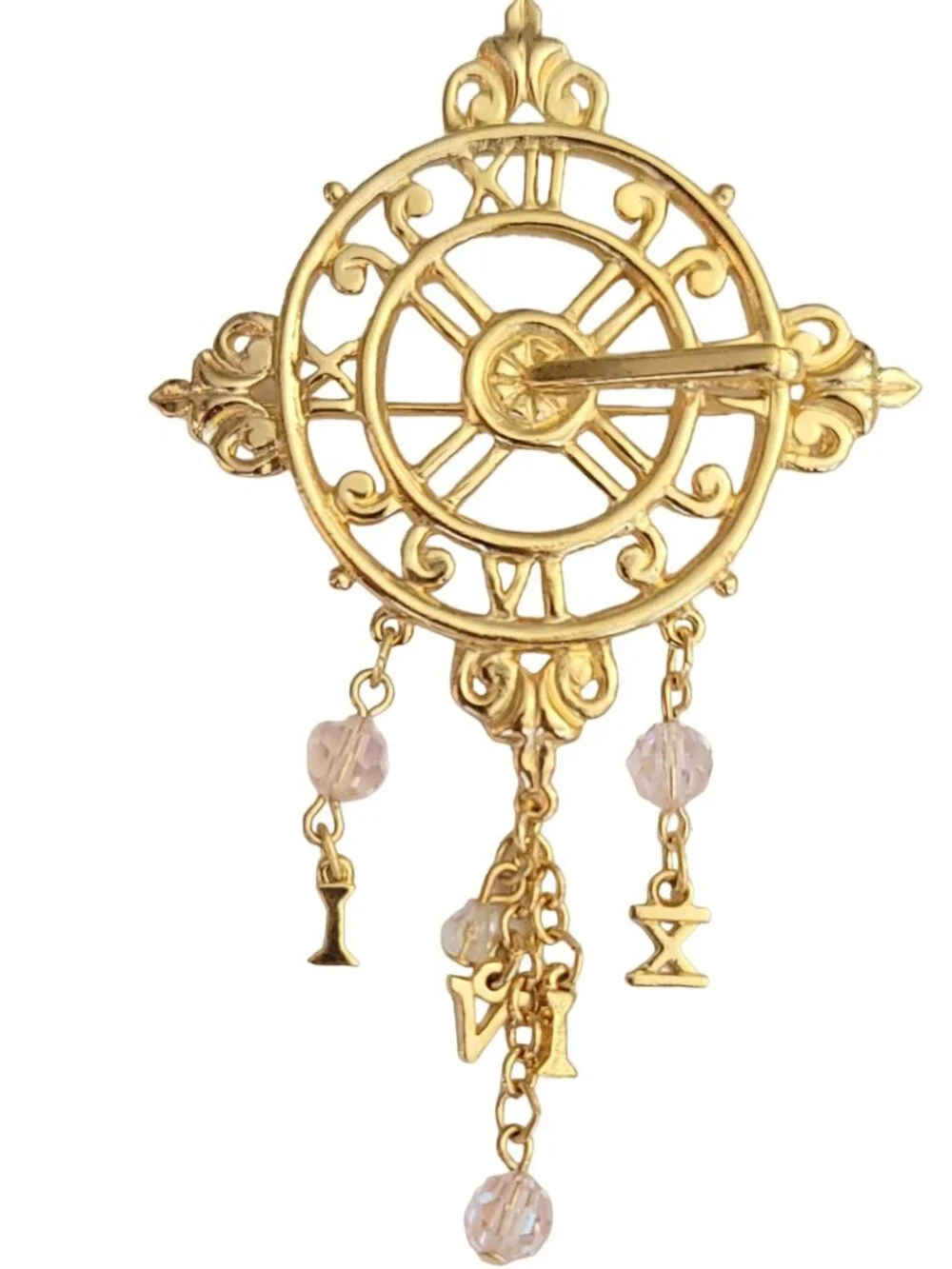 Kirks Folly 315 Clock, Crystal And Number Dangle Charm Brooch, Signed M246